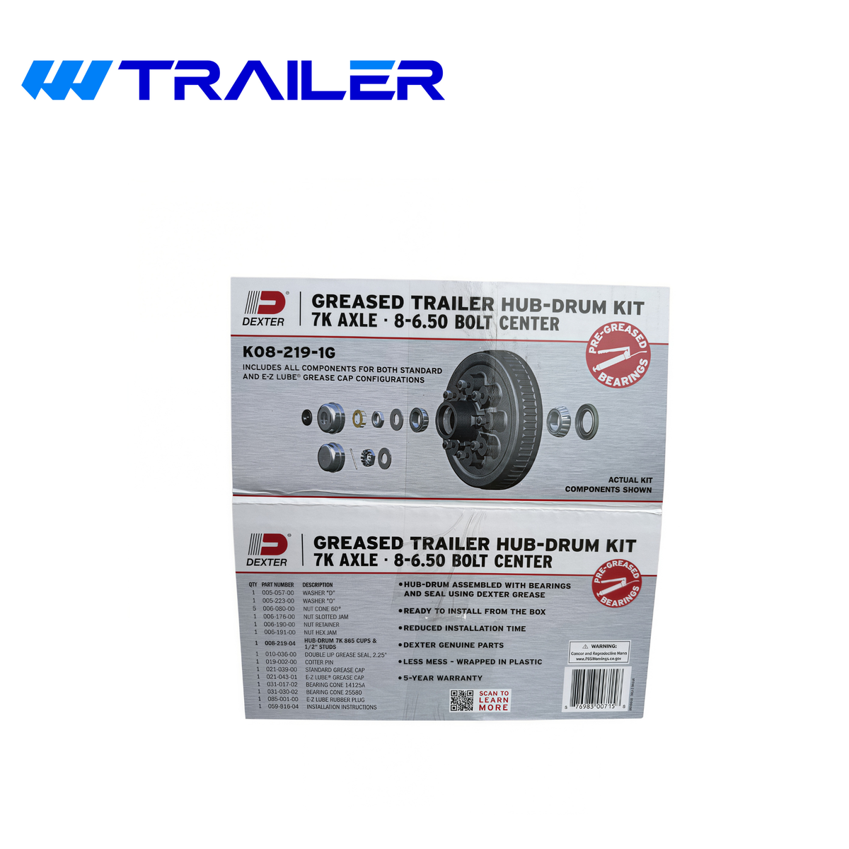 DEXTER 7K Pre-Greased Trailer Hub & Drum Kit - 8 on 6-1/2" Bolt Pattern, 1/2"-20 Studs, E-Z Lube (K08-219-1G)