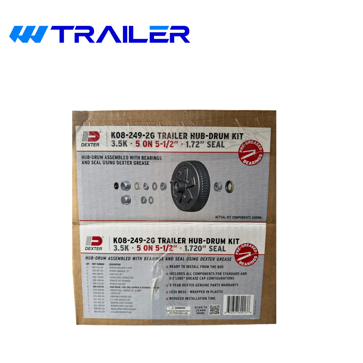 Dexter Pre-Greased 3.5K Trailer Hub & Drum Kit - 5 on 5-1/2" Bolt Pattern, E-Z Lube, 1/2" -20 Studs (K08-249-2G)