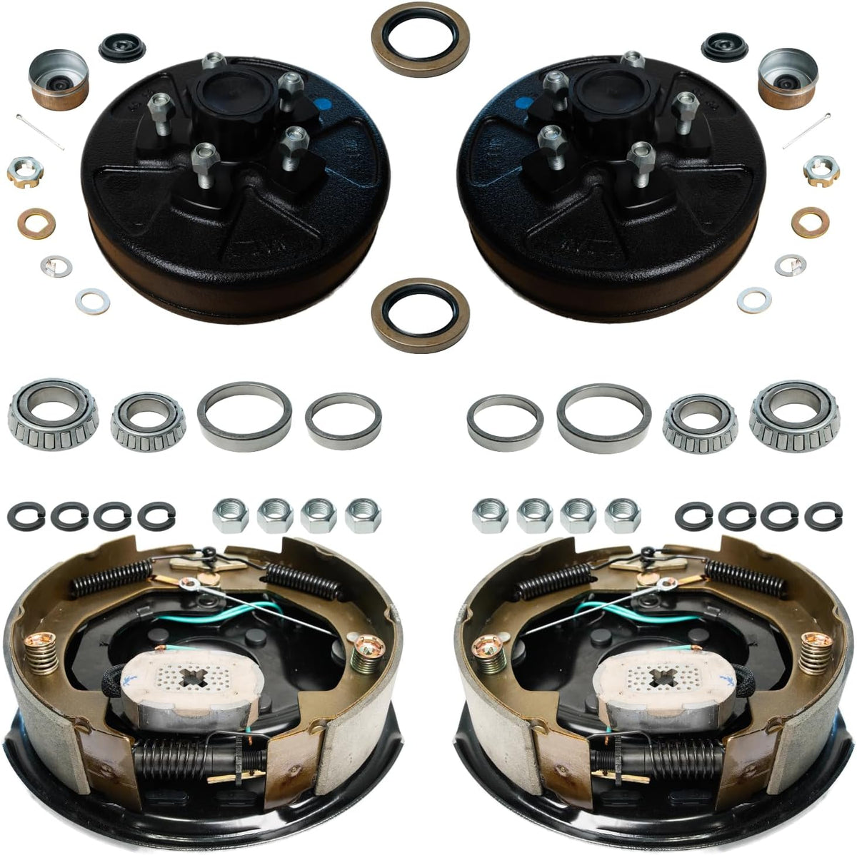 Hub & Drum + Brake Kit for 3,500 lb Axles – 5 on 4.5" Pre-Greased Hubs + 10" x 2-1/4" Electric Brake Assemblies (Manual Adjust or Self-Adjusting)