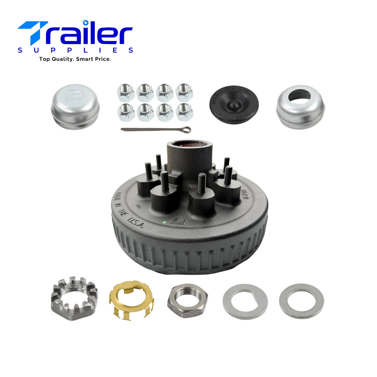 DEXTER Pre-Greased Trailer Hub and Drum Assembly Kit - 8 on 6.5" Bolt Pattern for 7K Axles, 1/2" stud (Model: K08-219-1G)