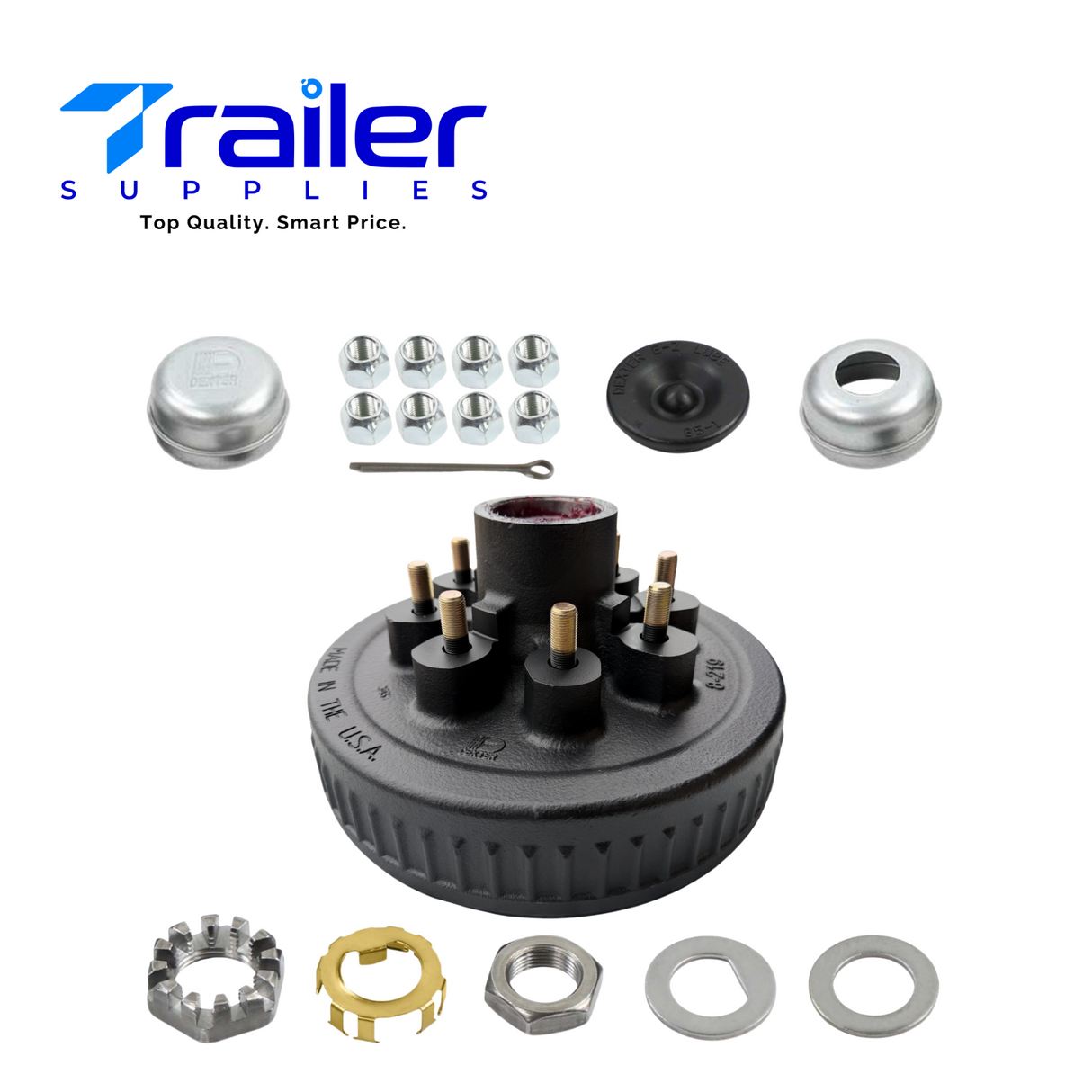 DEXTER Pre-Greased Trailer Hub and Drum Assembly Kit - 8 on 6.5" Bolt Pattern for 5.2K-7K Axles, 9/16" Stud (Model: K08-219-2G)