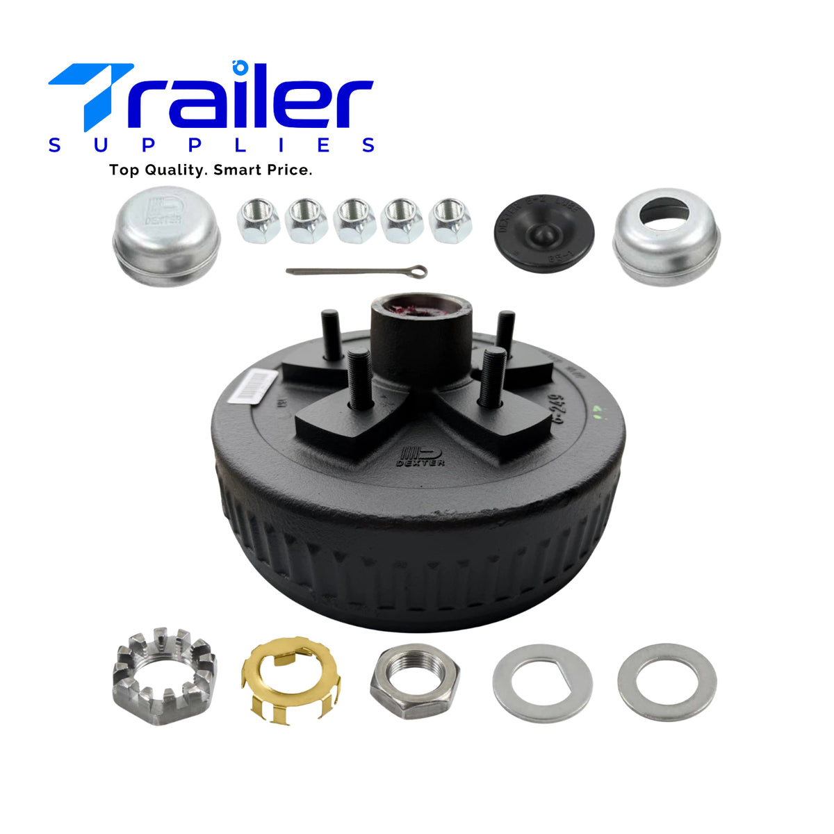 DEXTER Pre-Greased Trailer Hub and Drum Assembly Kit - 5 on 5" Bolt Pattern for 3.5K Axles, 1/2"Studs,#84 Spindle, 1.718" Seal,(Model: K08-249-1G)