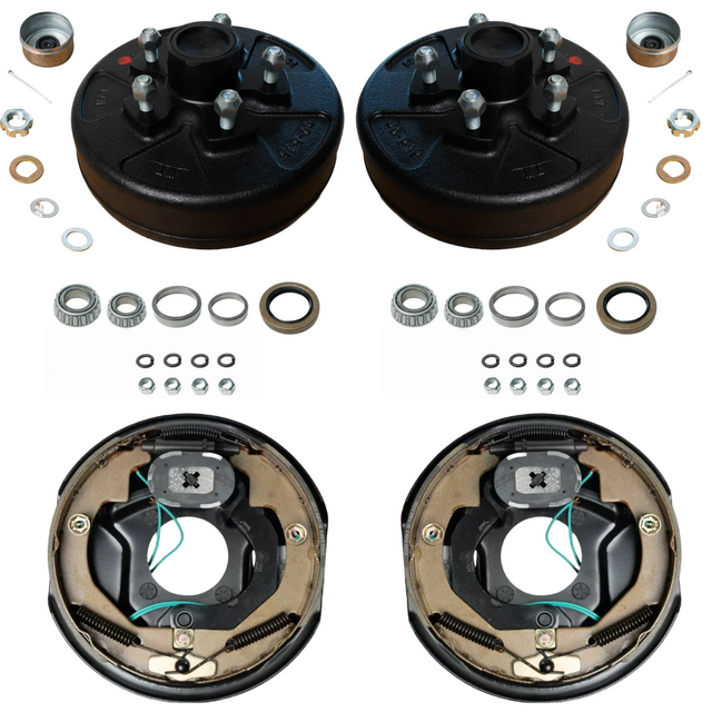 Hub & Drum + Brake Kit for 3,500 lb Axles – 5 on 5" Pre-Greased Hubs + 10" x 2-1/4" Electric Brake Assemblies (Manual Adjust or Self-Adjusting)
