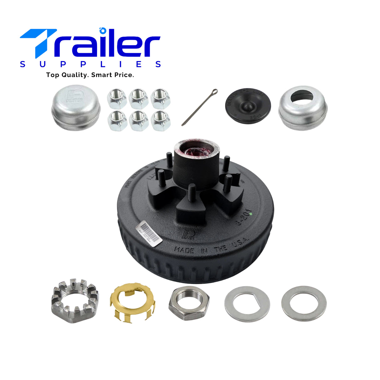 DEXTER Pre-Greased Trailer Hub and Drum Assembly Kit - 6 on 5.5" Bolt Pattern for 6K Axles (Model: K08-201-2G)